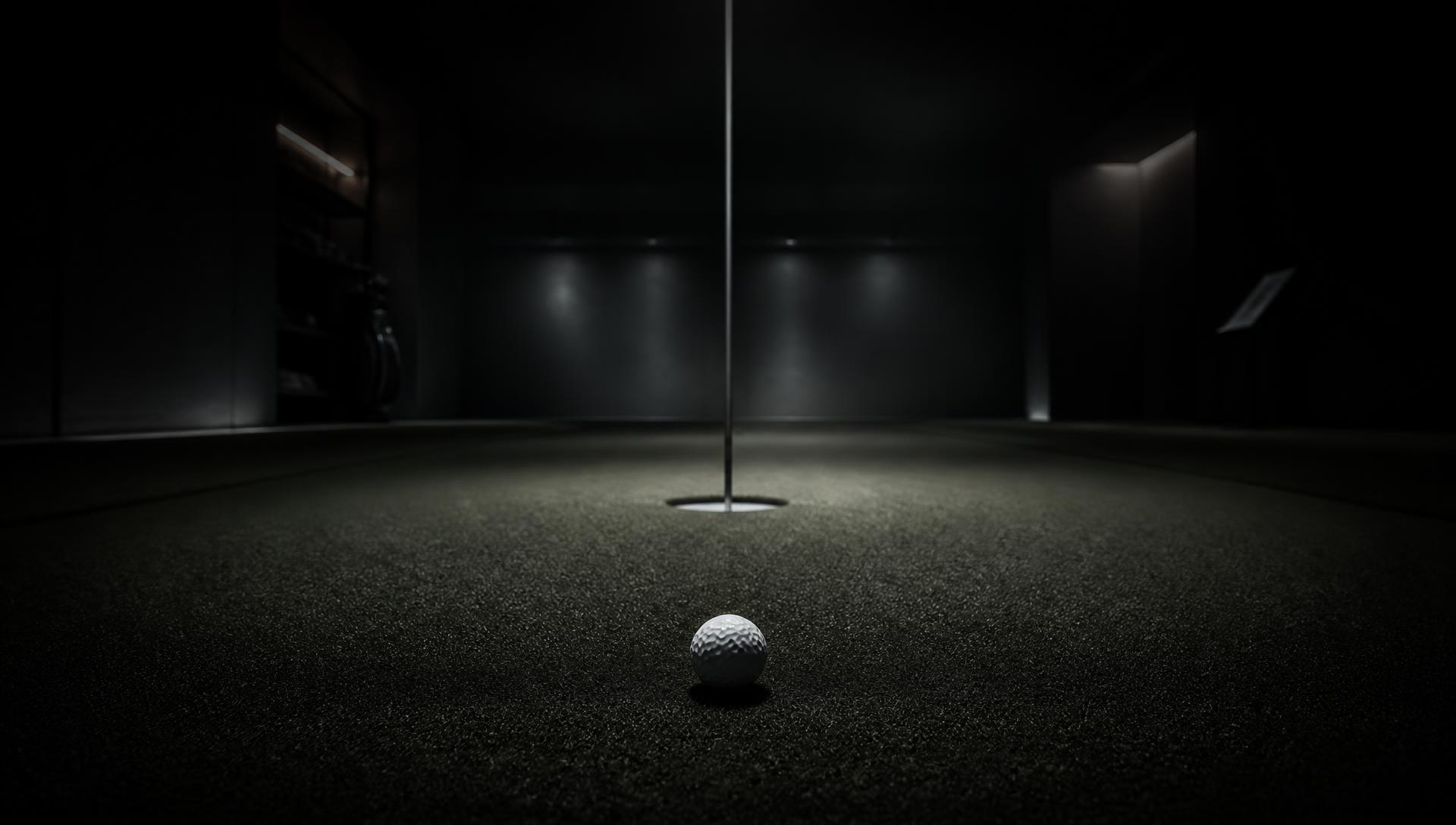 Dark indoor putting green with a ball and hole