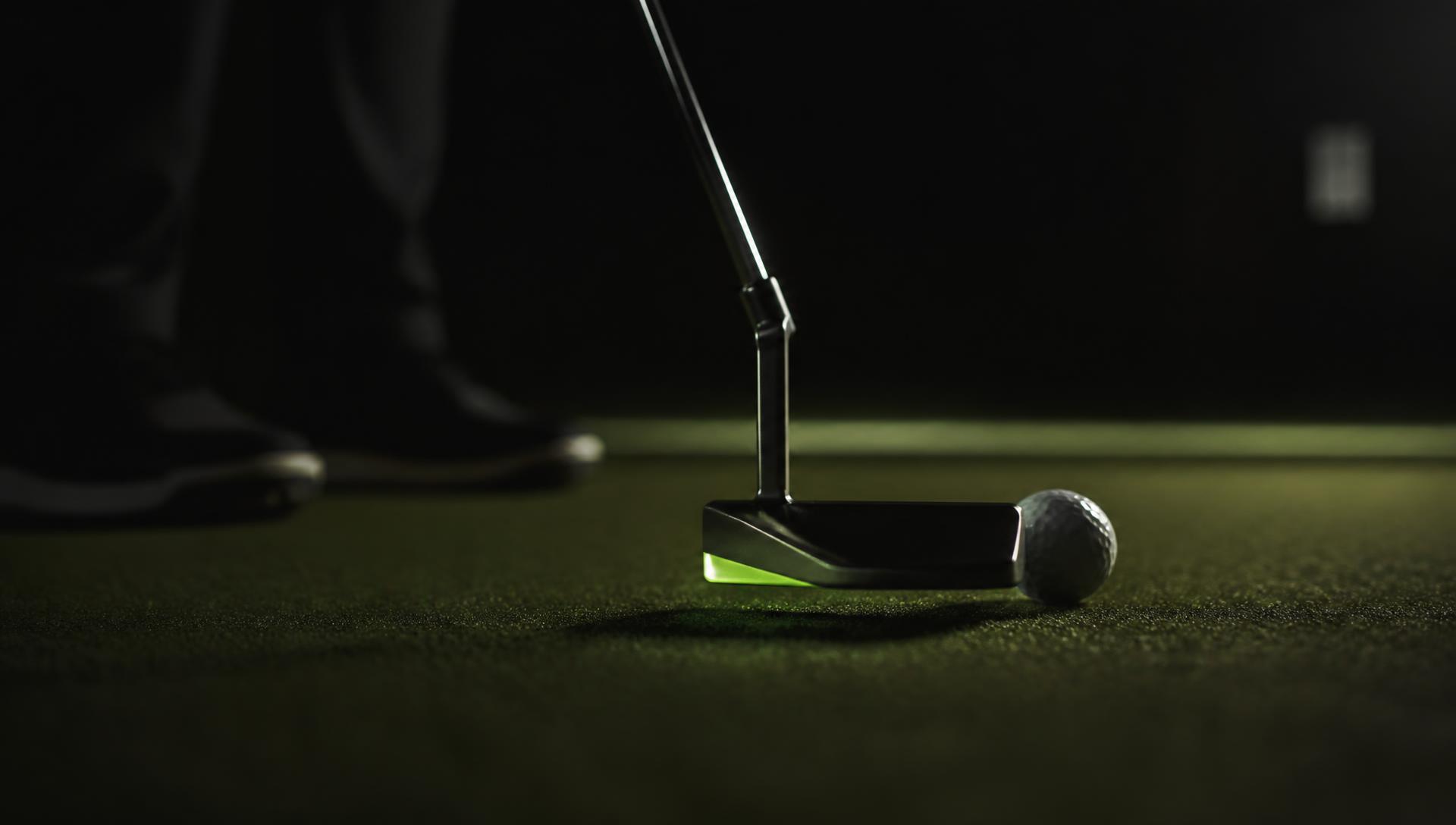 Putter at impact on a dark indoor putting green