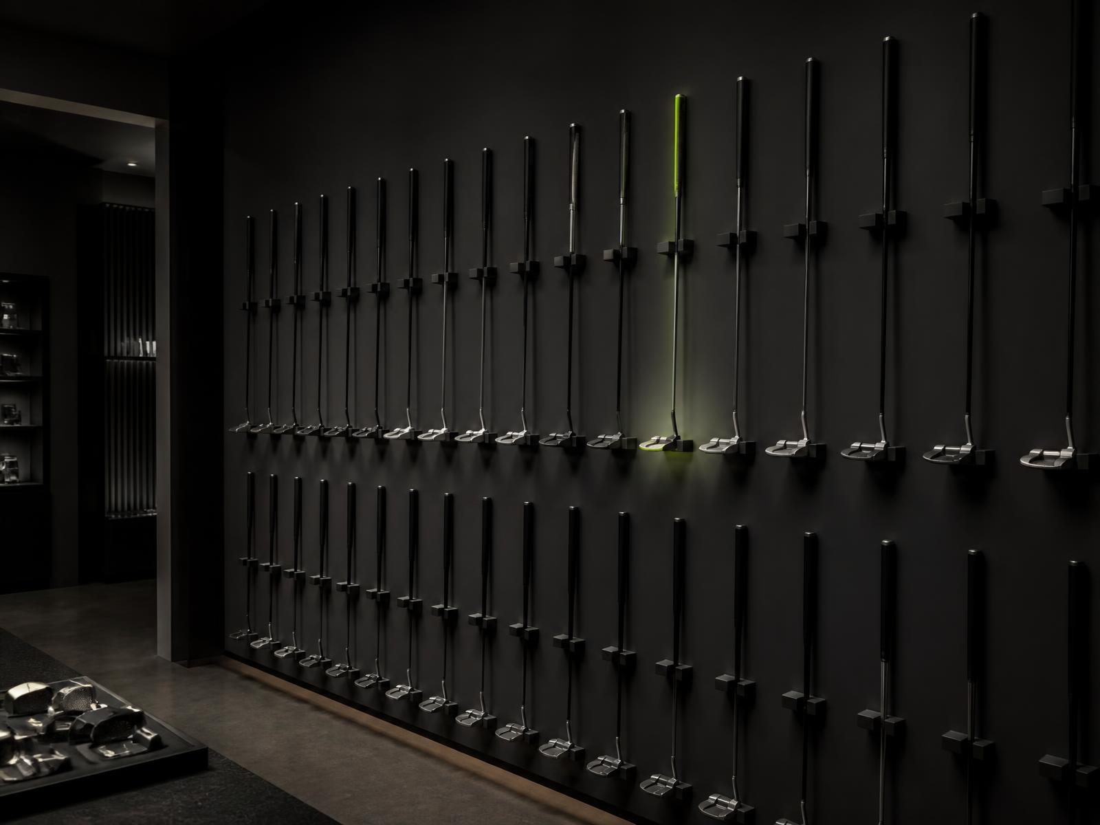 Wall of putters in a premium indoor fitting studio